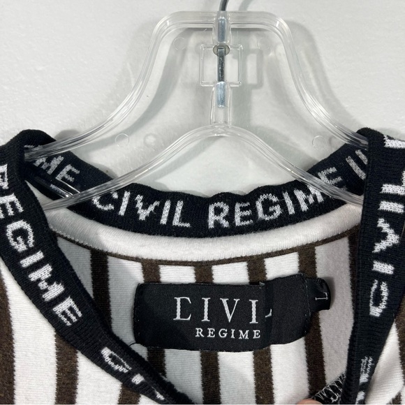 Civil Regime White Black Vertically Stripe Embroidered Script Logo T-Shirt Large - Picture 3 of 6
